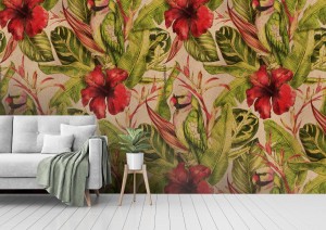 fototapeta akwarela wzor z hibiskusa lisci palmowych g