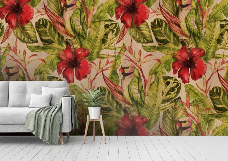 fototapeta akwarela wzor z hibiskusa lisci palmowych g