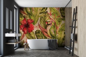 fototapeta akwarela wzor z hibiskusa lisci palmowych g