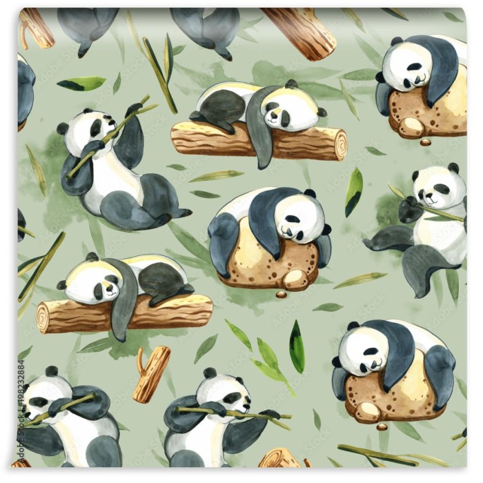 fototapeta akwarela bezszwowe wzor roznych panda i lisci