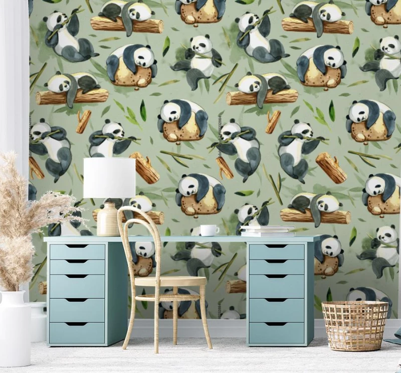 fototapeta akwarela bezszwowe wzor roznych panda i lisci