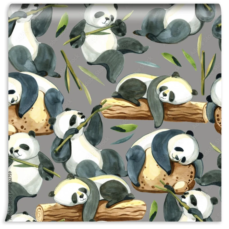 fototapeta akwarela bezszwowe wzor roznych panda i lisci