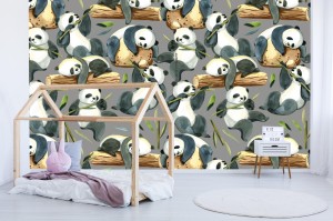 fototapeta akwarela bezszwowe wzor roznych panda i lisci
