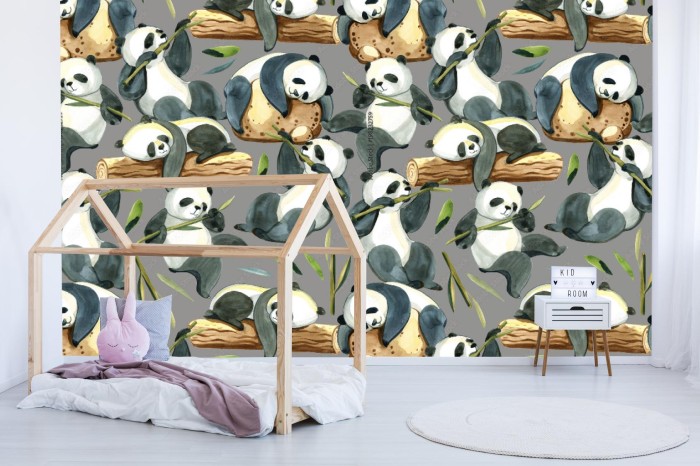 fototapeta akwarela bezszwowe wzor roznych panda i lisci