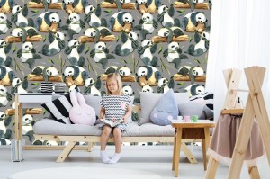 fototapeta akwarela bezszwowe wzor roznych panda i lisci