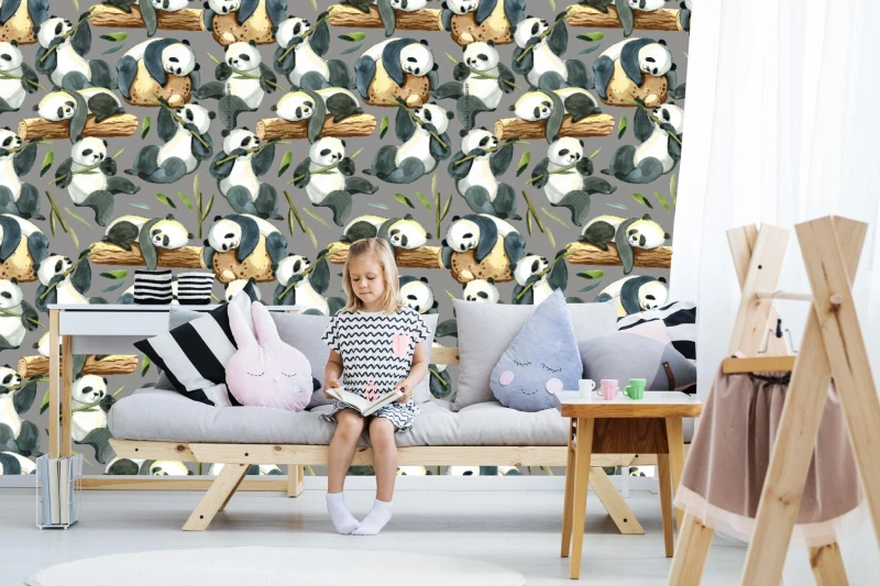 fototapeta akwarela bezszwowe wzor roznych panda i lisci