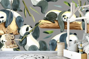 fototapeta akwarela bezszwowe wzor roznych panda i lisci