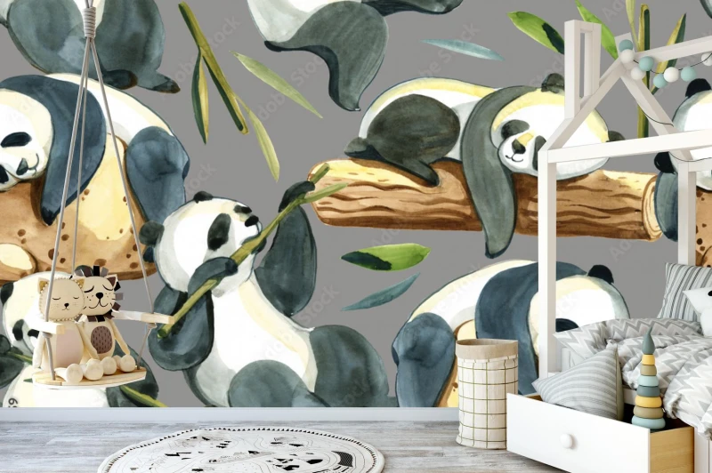 fototapeta akwarela bezszwowe wzor roznych panda i lisci